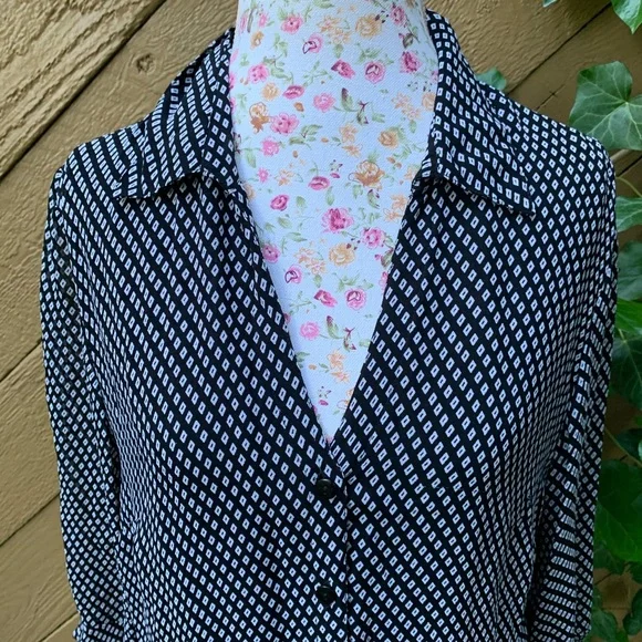 Style Co 3/4 ruffle sleeve button-up Shirt Sz 14P black white check business top - Picture 6 of 16